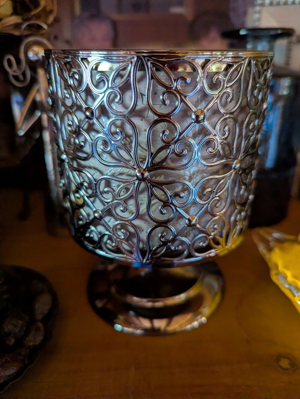 Bath & Body Works Gunmetal 3 Wick Candle Holder with Intricate Ornate Design